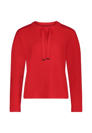 Czerwony sweter z długimi rękawami, okrągłym dekoltem i dwiema pasującymi wstążkami na szyi. Gładka tekstura, ściągacze przy mankietach i u dołu.