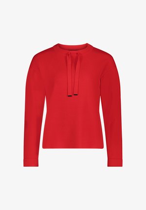 Czerwony sweter z długimi rękawami, okrągłym dekoltem i dwiema pasującymi wstążkami na szyi. Gładka tekstura, ściągacze przy mankietach i u dołu.