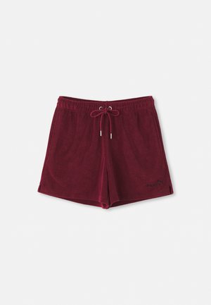 Burgundia, tekstuuriga lühikesed püksid elastse vöökoha ja stringiga, millel on väike must logo alumises paremas servas.