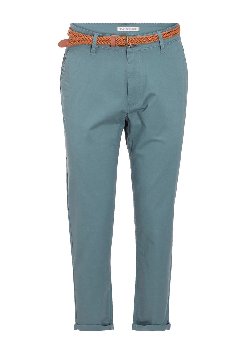 Pantalon en coton bleu-vert clair avec une coupe slim, des poignets retroussés et une ceinture tissée orange. Doté de poches avant et d'un zip.