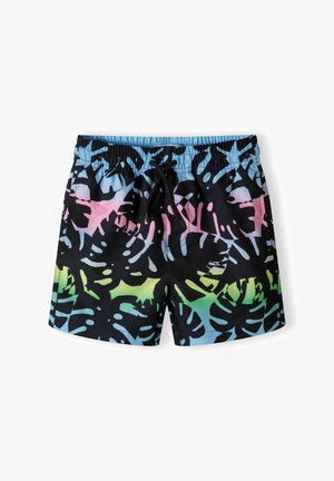 Zwarte zwembroek met een tropisch bladmotief in tinten van roze, blauw en groen. Elastaan tailleband met een trekkoord.