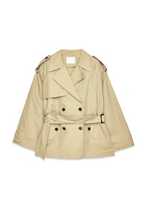 Beige trench coat with a double-breasted front, large lapels, and shoulder epaulettes. Features a belted waist and side pockets.