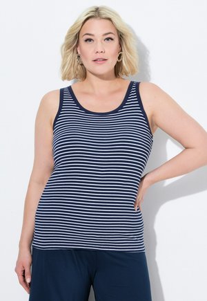 Navy- und weiß gestreift Tanktop mit einem runden Ausschnitt, aus geripptem Material. Kombiniert mit navyfarbenen Hosen. Glatte Textur, lässiges Design.