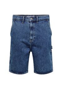 Pantalones cortos de mezclilla, azul claro, diseño clásico de cinco bolsillos, corte recto, con un bolsillo lateral adicional y cierre de botón de metal.