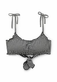 Zwart-wit geruite bikini top met gerimpelde randen, strikjes op de banden en een geknoopte detail aan de voorkant. Van katoenen mixstof.