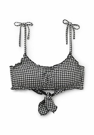 Černobílý kostkovaný bikiny top s volánovými okraji, mašličkami na ramínkách a uzlovým detailem vpředu. Směs bavlny.