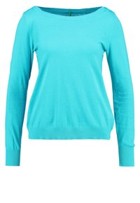 Turquoise sweater with long sleeves, round neckline, ribbed cuffs and hem, made from a soft knit fabric. Features a smooth texture.