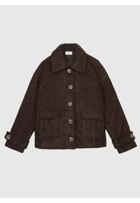Manteau en laine texturée marron foncé avec grand col, boutons sur le devant, deux poches à rabat et poignets boutonnés.