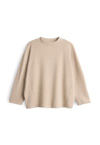 Beige gebreide trui met een gestructureerd patroon, hoge halslijn en raglanmouwen. Comfortabele pasvorm, met zijslits en een grove weving.