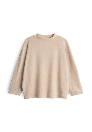 Beige gestrickter Pullover mit strukturiertem Muster, hohem Kragen und Raglanärmeln. Lockere Passform, mit seitlichen Schlitzen und grobem Gewebe.