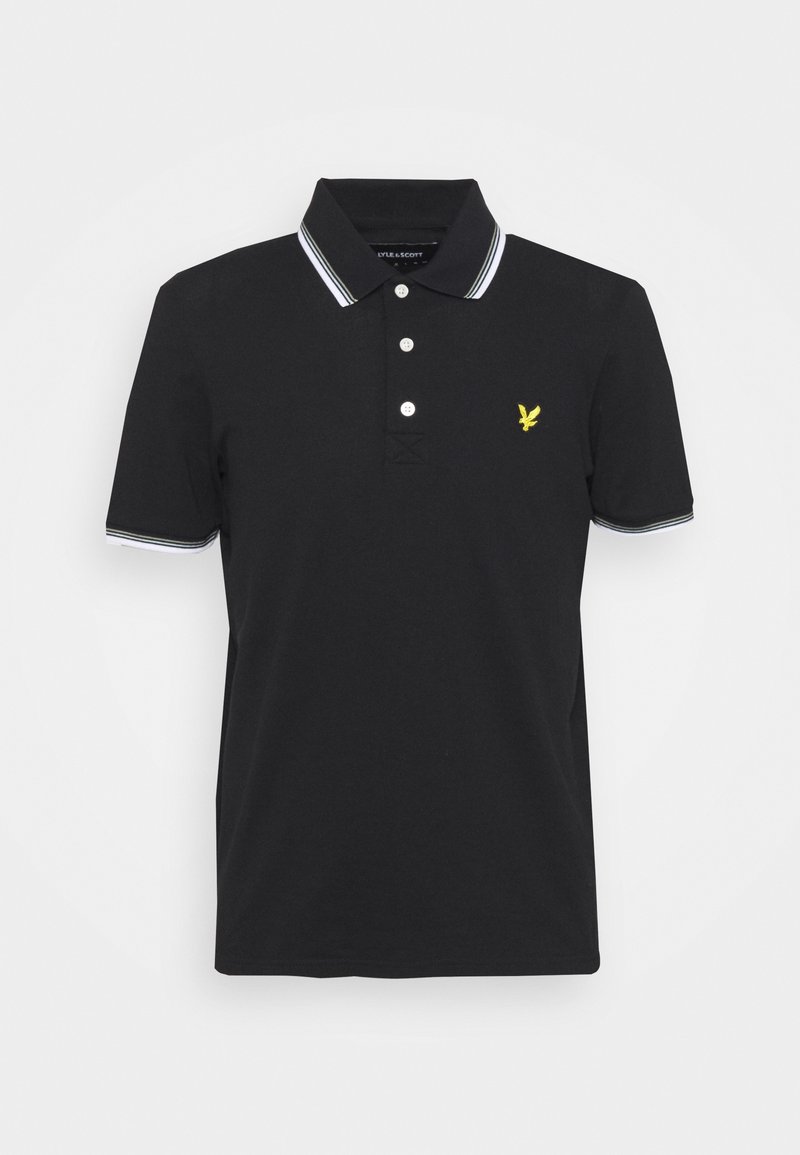 Polo noir en coton. Doté d'une patte de boutonnage à deux boutons, col et manches à rayures blanches, avec un logo brodé jaune sur la poitrine.