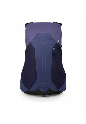 Mochila Osprey Hikelite LT 16 en azul y azul marino oscuro con dos bolsillos laterales de malla y compartimento delantero con cremallera.