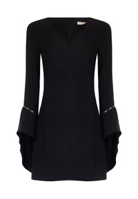 Schwarzes Kleid mit V-Ausschnitt, weit auslaufenden Ärmeln und silbernen Akzenten an den Manschetten. Hergestellt aus glattem Stoff, mit einem Reißverschluss auf der Rückseite.