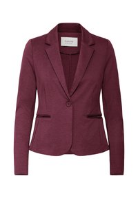 Ženska krojena bordo sako jakna s jednim dugmetom, preklopnim reverima i dva prednja džepa.