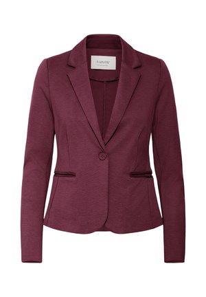 Damen Tailliertes Blazer in Burgunderrot mit einreihigem Knopfverschluss, Reverskragen und zwei Fronttaschen.