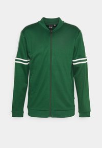 Grüne Zip-Jacke aus glattem Material mit Stehkragen und weißen Streifen auf den Schultern. Einfaches, sportliches Design.