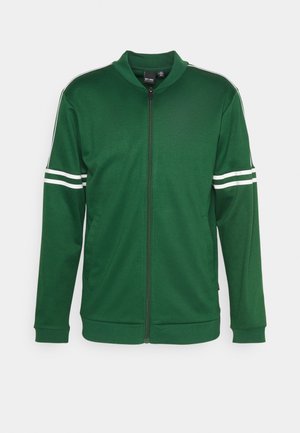 Grüne Zip-Jacke aus glattem Material mit Stehkragen und weißen Streifen auf den Schultern. Einfaches, sportliches Design.