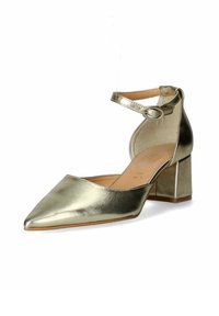 Scarpa con tacco a blocco dorato metallico, con punta affusolata, cinturino alla caviglia e superficie liscia. Caratterizzata da un retro chiuso e una soletta imbottita.