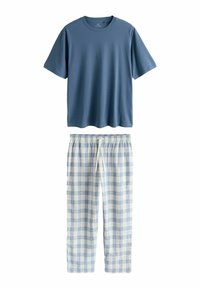 Blå kortærmet T-shirt med rund hals, kombineret med lyseblå og hvide ternede pyjamasbukser med snor.