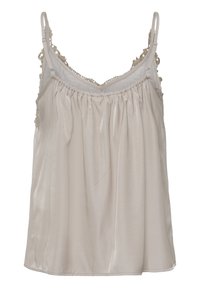 Svetlo bež satenska majica s prilagodljivimi naramnicami, nabranim korpusom in čipkastimi detajli ob dekolteju ter naramnicah. Gladek tekstur.
