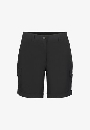 Sorte cargo shorts med knaplukning, optrukket kant og flere sidelommer, lavet af letvægtsstof.