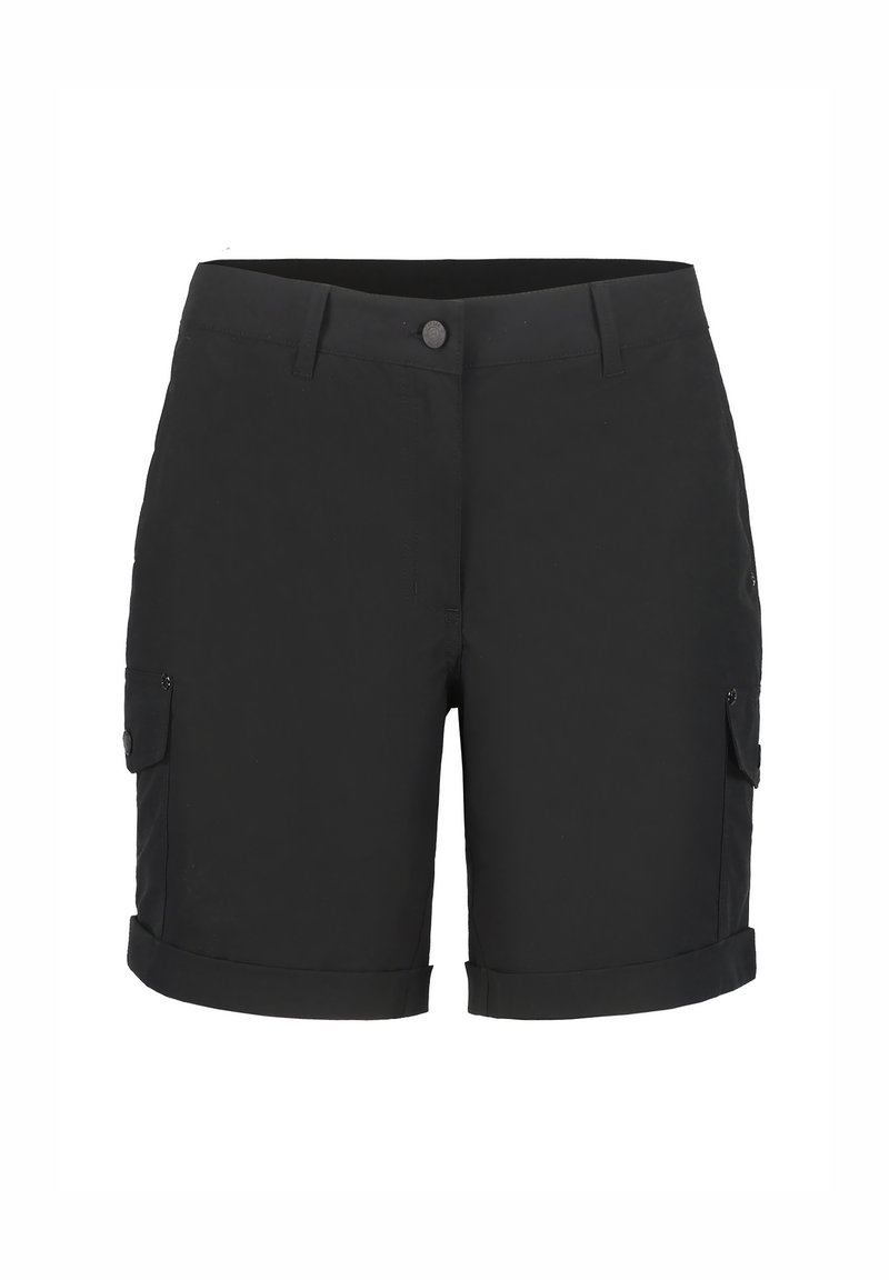 Schwarze Cargo-Shorts mit Knopfverschluss, umgeschlagenem Saum und mehreren Seitentaschen, aus leichtem Stoff gefertigt.