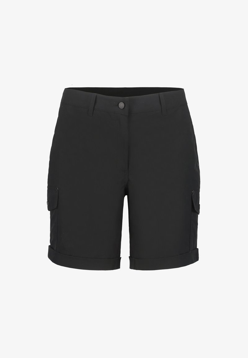 Pantalones cortos cargo negros con cierre de botón, dobladillo enrollado y múltiples bolsillos laterales, confeccionados en tejido ligero.