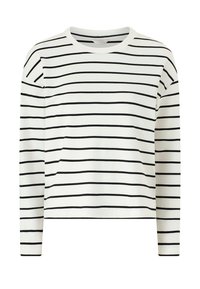 Chemise blanche à manches longues avec des rayures horizontales noires et un col rond, présentée sur un fond uni.