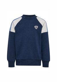 Mörkblå sweatshirt med grå och ljusblå detaljer. Har en rundad halsringning, ribbade ärmslut, axelknappar och en liten logotyp på bröstet.