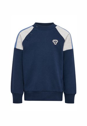 Marineblaue Sweatshirt mit grauen und hellblauen Akzenten. Verfügt über einen Rundhalsausschnitt, gerippte Bündchen, Schulterknöpfe und ein kleines Logo auf der Brust.