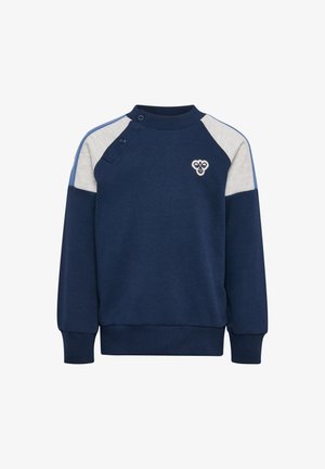 Marineblaue Sweatshirt mit grauen und hellblauen Akzenten. Verfügt über einen Rundhalsausschnitt, gerippte Bündchen, Schulterknöpfe und ein kleines Logo auf der Brust.