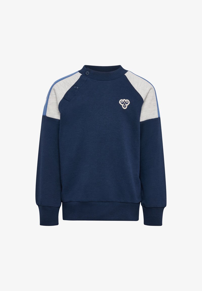 Mörkblå sweatshirt med grå och ljusblå detaljer. Har en rundad halsringning, ribbade ärmslut, axelknappar och en liten logotyp på bröstet.
