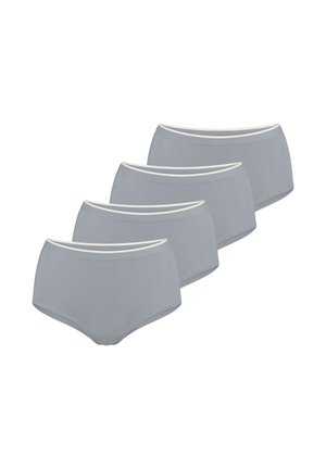 Zestaw czterech szarych bawełnianych majtek damskich z białymi elastycznymi pasami w talii, ułożonych na ukos na białym tle.