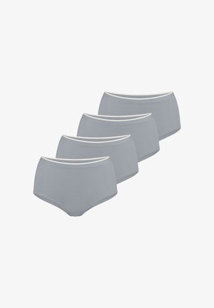 Satz von vier grauen Baumwollslips für Damen mit weißem Gummibund, diagonal auf weißem Hintergrund angeordnet.