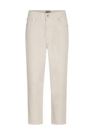 Beige gerade geschnittene Jeans mit Frontknopf, Gürtelschlaufen und einem fünf Taschen Design, auf einem weißen Hintergrund präsentiert.