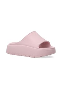 Rosa platform-slide sandal med åben tå, glat mat overflade, rund form og lagdelt sål med ribbet bund for godt greb.