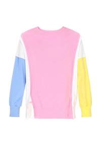 Mikina se strukturovanými barvami s růžovými, světle modrými, bílými a žlutými sekcemi. Vyrobena z měkké látky, s dlouhými rukávy a postranními rozparky.