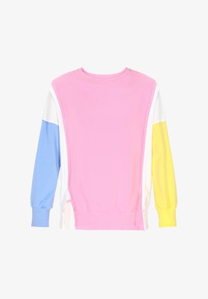 Színblokkolt pulóver, rózsaszín, világoskék, fehér és sárga részekkel. Puha anyagból készült, hosszú ujjú és oldalsó hasítékokkal.