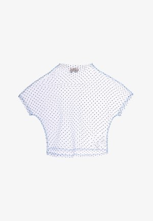 Fehér, rövid ujjú hálós crop top fekete pöttyökkel és világoskék szegéllyel, fehér háttéren laposan elhelyezve.