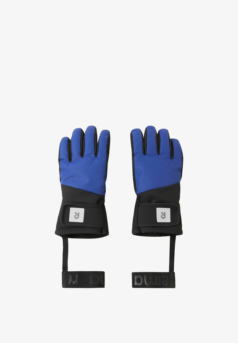 Niebieskie i czarne ocieplane rękawice z prostokątną naszywką z logo, regulowanymi zapięciami na nadgarstki oraz teksturowaną powierzchnią dla lepszego chwytu.