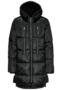 Černá prošívaná bunda s kapucí, vybavená dvěma předními kapsami na zip a stříbrnými doplňky. Hladký, lesklý materiál s prošitým vzorem.