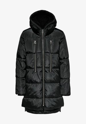 Czarna pikowana kurtka z kapturem, posiadająca dwie przednie kieszenie na zamek i srebrne akcenty. Gładki, błyszczący materiał z pikowanym wzorem.