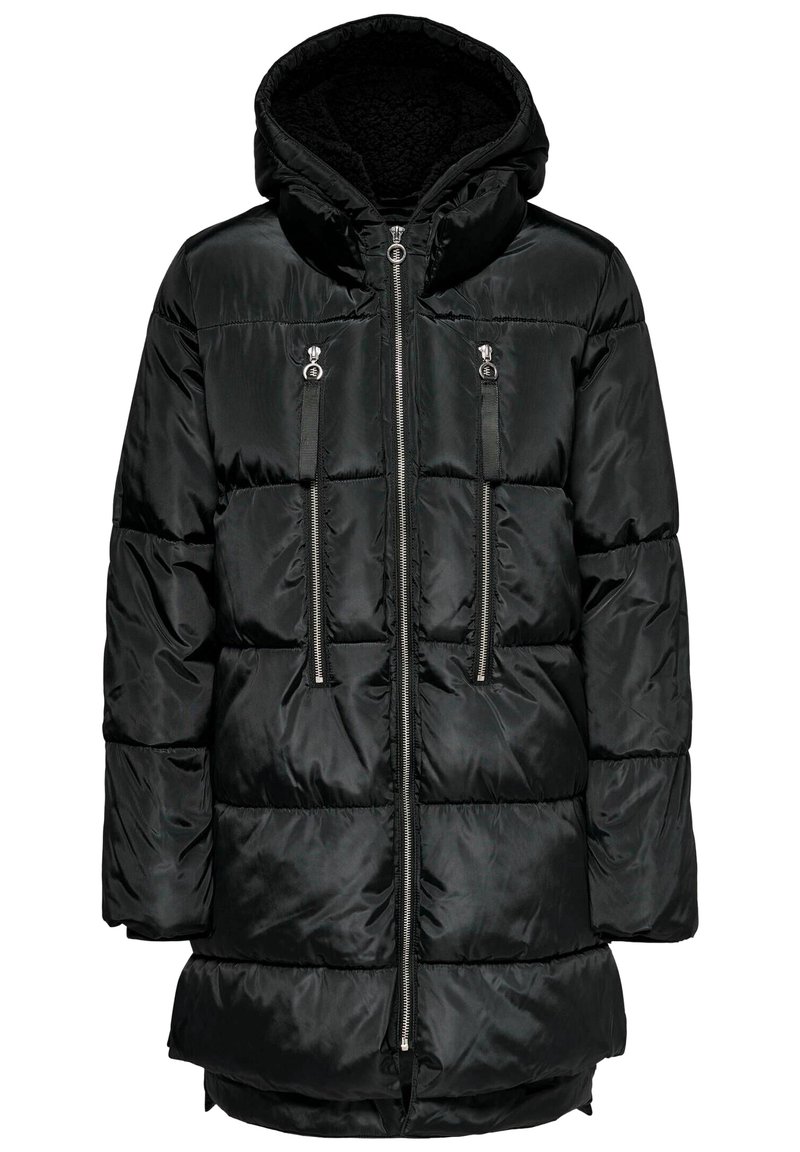 Černá prošívaná bunda s kapucí, vybavená dvěma předními kapsami na zip a stříbrnými doplňky. Hladký, lesklý materiál s prošitým vzorem.