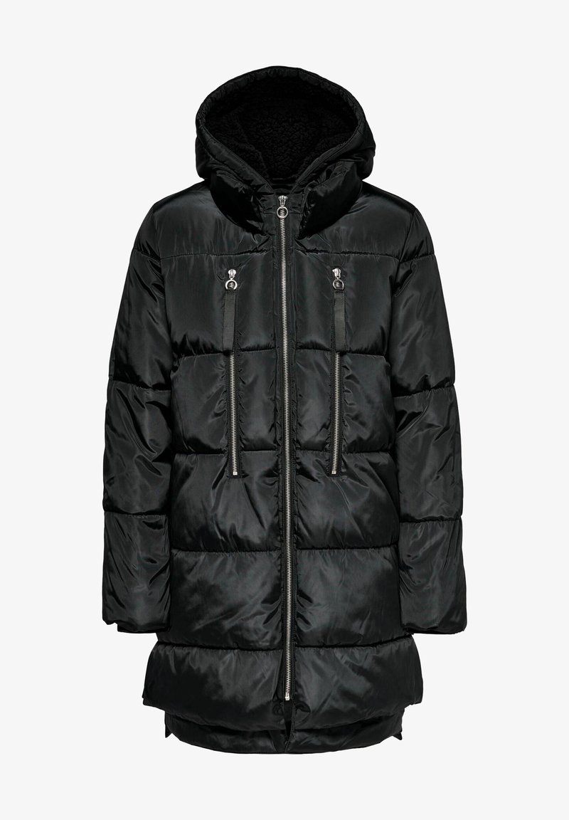 Černá prošívaná bunda s kapucí, vybavená dvěma předními kapsami na zip a stříbrnými doplňky. Hladký, lesklý materiál s prošitým vzorem.