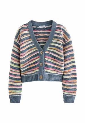 Cardigan court boutonné avec des rayures horizontales multicolores et des poignets et un bord-côte bleu, blanc, rose et jaune.