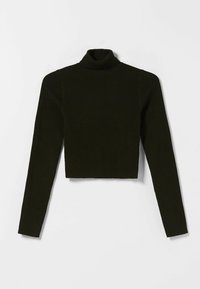 Mörkgrön ribbad polotröja, lång ärm, kort design, mjuk textur, rena kanter, inga ytterligare detaljer eller mönster.