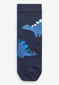 Calcetín de algodón azul marino con dinosaurios de punto en color azul, con espinas en la espalda y acentos en blanco, puntera redondeada y puño acanalado.