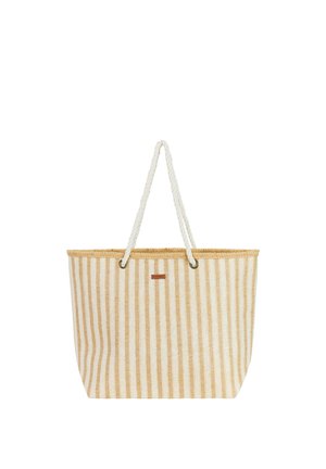 Beige en wit verticaal gestreepte totebag met touwen hengsels en een klein rechthoekig label aan de voorkant.