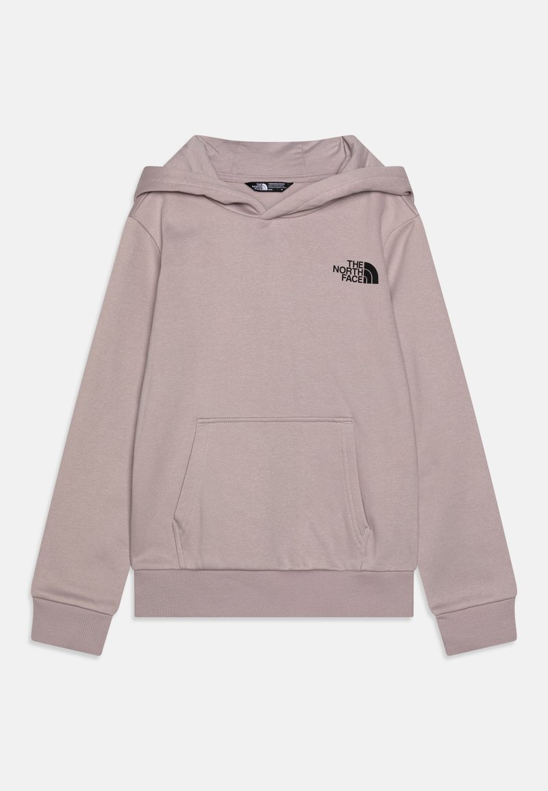 Sweatshirt com capuz em material cinza claro, com bolso tipo canguru, punhos canelados e um logótipo preto no lado esquerdo do peito.
