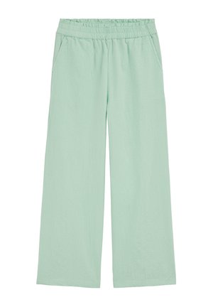 Svetlo zelené nohavice širokého strihu s elastickým pásom a bočnými vreckami, vyrobené z mäkkej, ľahkej tkaniny.